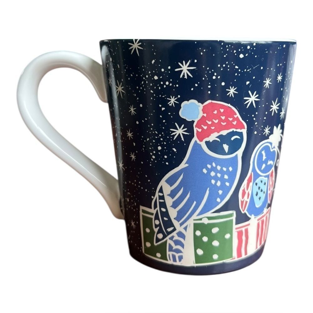 Vera Bradley Holiday Owls Ceramic 12oz Blue Coffee Cup Mug EUC